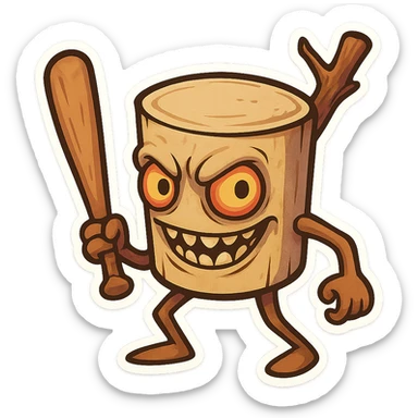 square image of absurd wooden stick-man creature, drum-like cylindrical body, holding baseball bat, cartoon style, bright vivid colors, expressive face, dynamic pose, a bit creepy yet funny,  sticker