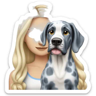 Blonde girl with blue eyes and long hair with a blue merle great dane dog sticker