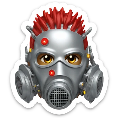 Silver Mohawk female cyborg head with red respirator mask and circuits sticker
