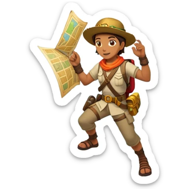 An icon featuring an adventurer in a dynamic action pose, with treasure maps, ancient ruins, and jungle landscapes in the background. The design includes clues, hidden passages, and climbing gear, symbolizing the thrill of exploration and discovery. Transparent background. sticker