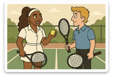 Serena Williams white shirt dress tennis racket one ball tennis a man dark yellow hair blue shirt black trousers tennis racket tennis court background  sticker