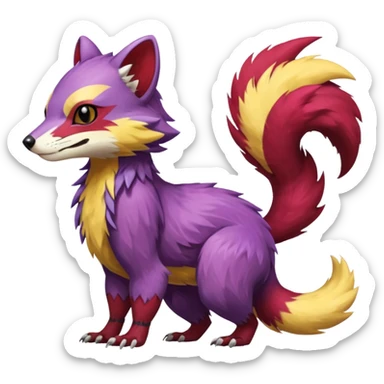 Purple, red, yellow Trico-Sergal-Furret-Ferret-Wolverine-Vernid-fusion-Fakemon-animal-hybrid-creature, full body sticker