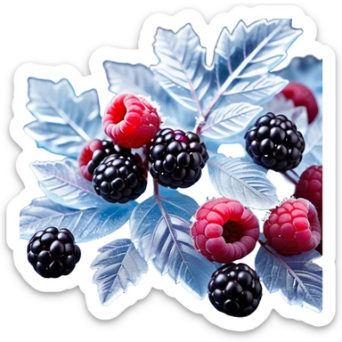 A visually stunning composition of frozen forest berries, including blueberries, raspberries, and blackberries, covered in frosty ice crystals. The berries are fresh and vibrant, with deep reds, purples, and blues. The ice has a translucent, glossy texture, reflecting soft light. The background is a dark, blurred, cool-toned surface to emphasize the contrast and freshness. The composition is artistic, with some berries partially submerged in crushed ice. The overall mood is refreshing, cold, and appetizing. sticker
