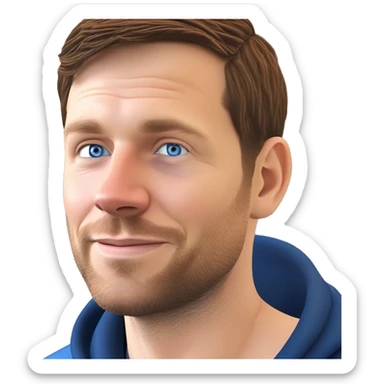 A head and shoulders shot of a 34 year old white man, with short brown hair,   with blue eyes wearing a t-shirt. sticker