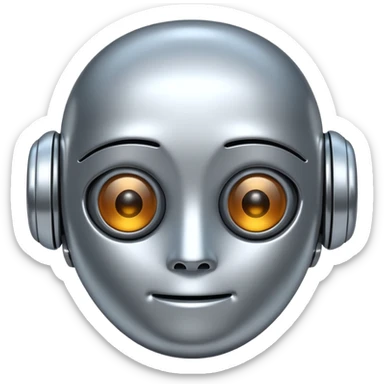 A cute futuristic robot emoji made of silver chrome, rounded friendly body, minimal facial features, glossy metallic surface, soft reflections, iOS emoji style, centered, clean white background sticker
