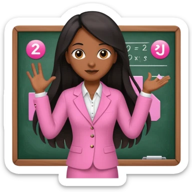 a brown skin teacher with hair with black straight long hair wearing pink not hot pink 2 piece set teaching up on a board the board  sticker