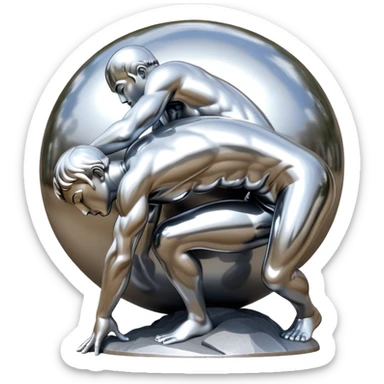 sorayama Sisyphus pushing up big sphere on his back sculpture sticker