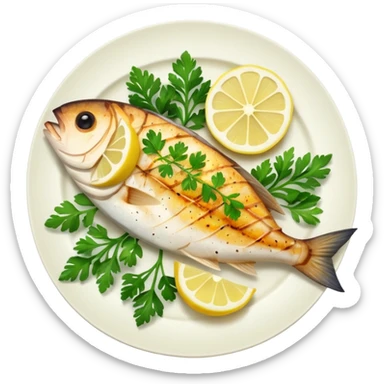 Draw a grilled fish fillet on a plate with lemon slices & herbs. sticker