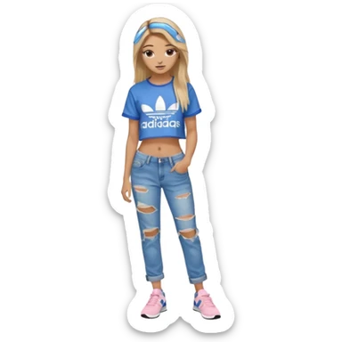 preppy teenage girl, tan, blonde highlights, brown long hair, long eyelashes, beach aesthetic, wearing cute clothes, sexy, wearing ripped blue long baggy jeans with a light pink revealing crop top, wearing Somba Adidas sticker
