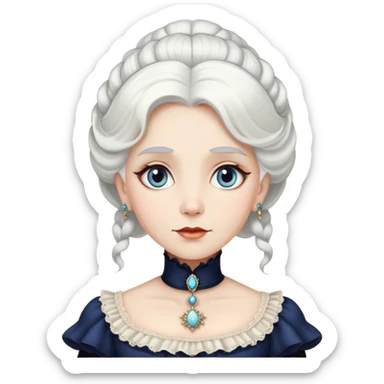 Victorian woman with white hair and starstruck eyes, fancy dress, cameo sticker