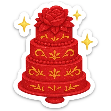 Add a sparkle effect to the red wedding cake with floral decorations. Keep the background transparent. The style should resemble emoji style with bright colors and simple shapes. sticker