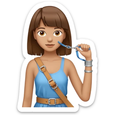create an emoji of a woman with brown hair and a fringe with her right arm in a brace/sling  sticker