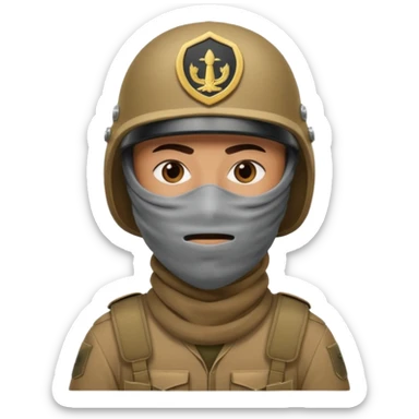 
an Iraqi soldier with a serious face, wearing a helmet and a balaclava covering his mouth sticker