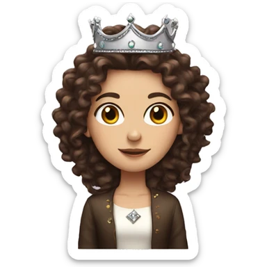 White girl with dark brown long curly hair wearing a crown sticker