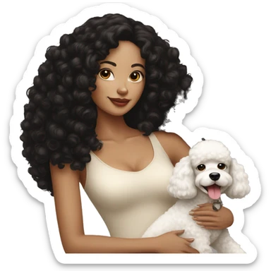 woman with black curly hair and her cream poodle sticker
