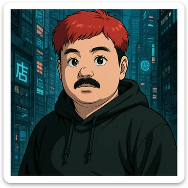 Asian man with a round face, black mustache, red hair, black hoodie, Ghost in the Shell-inspired anime style, large expressive eyes, futuristic city background, high detail sticker