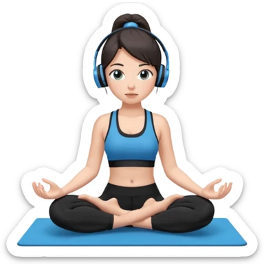 Девушка со светлой кожей и румянцем. Глаза большие, выразительные, голубые. Волосы длинные, прямые, тёмно-каштановые.
собраны в хвост.
Медитирует в наушниках. На ней чёрные леггинсы и чёрный спортивный бюстгальтер. На голубом коврике sticker