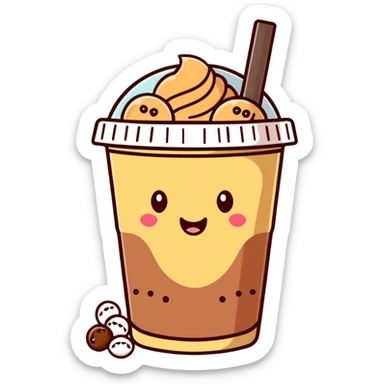 brown milk tea with a happy expression and boba pearls, different cup shape, soft mocha pastel tones, kawaii sticker
