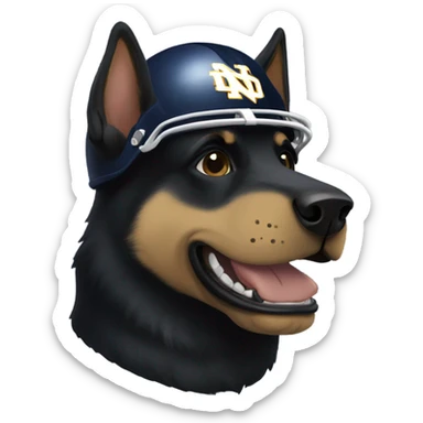 Black German shepherd wearing a notre dame football helmet  sticker