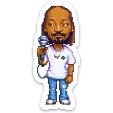 Snoop Dogg standing pixel art style, holding a microphone sticker