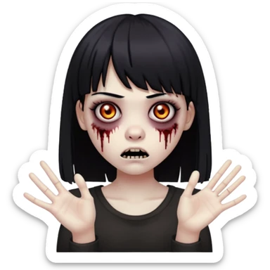 uma menina zumbi com cabelo preto e liso e uma franja. ela tem um estilo meio emo e com as mãos para frente com uma cara assustadora  sticker