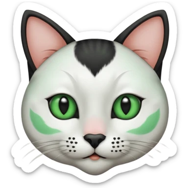 Haz una gata de ojos verdes la cara blanca con mancha negra en las orejas que agarra parte de la frente del lado der pero del iz va desde el ojo hasta la oreja la mancha, tiene la nariz negra en forma de corazón y todo lo que sobra de la cara, barbilla la nariz arriba y el lado de bigotes es blanca sticker