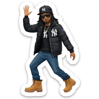 African American man with shoulder length black dreadlocks and black sunglasses wearing a black New York Yankees baseball hat with a North Face brand bubble winter coat with denim skinny jeans and timberland boots dancing sticker