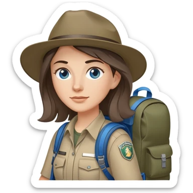 white woman park ranger with gray and brown hair, blue eyes, wearing a backpack sticker