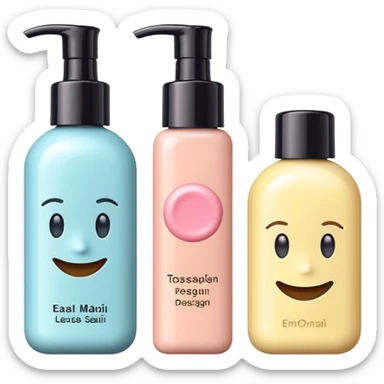emoji of three different beauty products, with brand labels, minimalistic but luxury design (realistic), pastel colors sticker