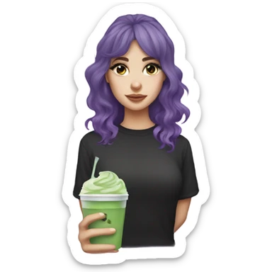  one white girl with eyeliner, mid length hair wavy, purple hair, bangs, holding iced matcha, dark shirt sticker