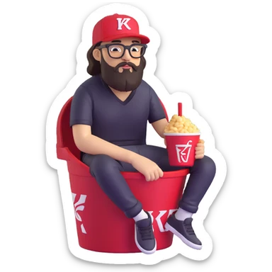 BBNO$ rapper sitting in a KFC bucket, glasses, beard, snapback cap sticker