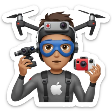 Super hero photographe, gopro sur la tête, masque ce fpv  (style Apple vision) sur les yeux. Un drone à côté de lui. Il tiens un appareil photo reflex. sticker