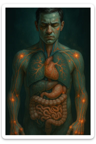 Vertical, cinematic, realistic medical illustration showing autoimmune diseases in the human body caused by intestinal parasites. The image highlights the connection between parasites in the intestines and the immune system attacking healthy tissues throughout the body. Dramatic clinical lighting, green-blue tones with warm yellow-orange accents, natural depth of field. 2:3 aspect ratio. sticker