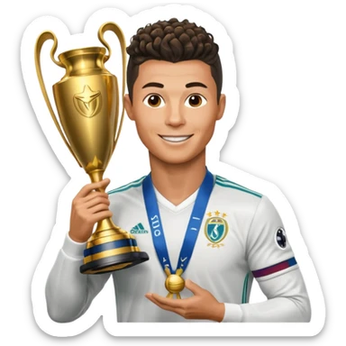 Cristiano Ronaldo holfing the champions league with noodle hair sticker