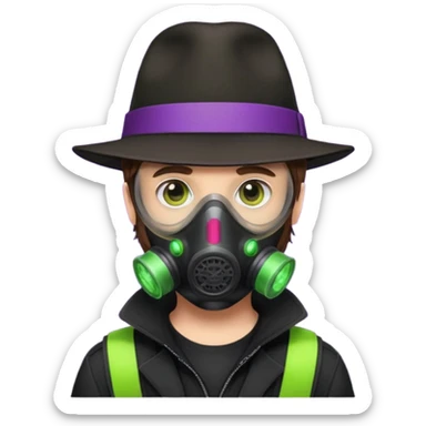 Male Hacker with a fedora with brown hair wearing a gasmask. Color scheme is black, lime-green and purple sticker