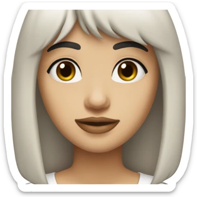 TransGirl with an oval face, fair skin, long dark brown wavy hair with bangs, brown eyes, dark brown straight eyebrows, medium-sized straight nose, slightly full lips, wearing a black choker necklace and a white t-shirt.

 sticker