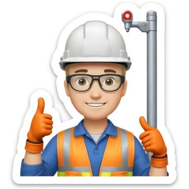 Un electricista en el poste de luz con todos sus implementos de seguridad haciendo like sticker