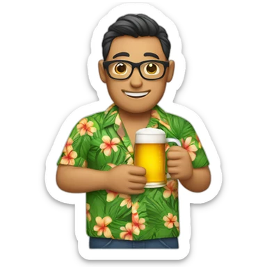 A person wearing glasses and an aloha shirt is holding beer sticker