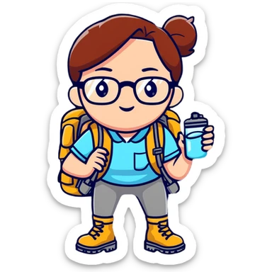 Woman in her late 30s with glasses wearing sporty outfit, hiking boots, and backpack, holding a magnifying glass and looking curious sticker