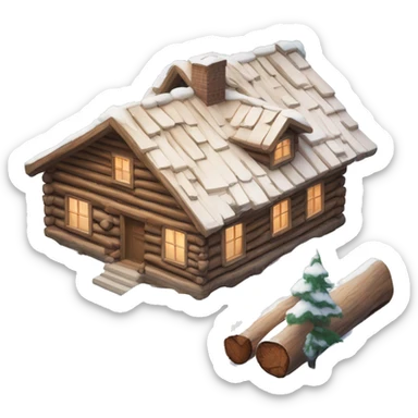 The house is made of chopped logs, one-story, in the snow sticker