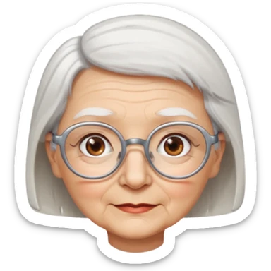 Create me emoji of an old lady. Short white hair to left side. Square glasses. Brown eyes. Rounded really big and really wide face. Wide nose.  sticker