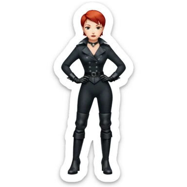 capelli corti di colore rosso, tagliati leggermente sopra le spalle e con una chioma piena e ben curata. Ha la carnagione chiara, Ha lo sguardo fiero e sicuro di sé ed una personalità dominante ed un abbigliamento da mistress con guanti e stivali in pelle sticker