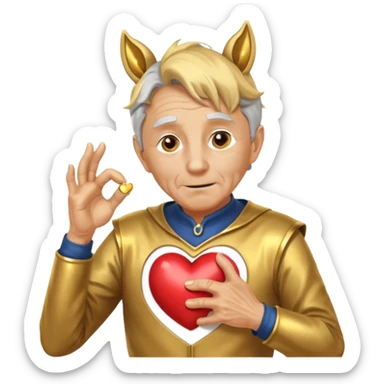An elderly man with golden skin, his body shining like polished metal, wearing a horse cosplay costume with horse ears and a tail. He is making a heart shape with his hands and blushing slightly, showing a shy and embarrassed expression. sticker