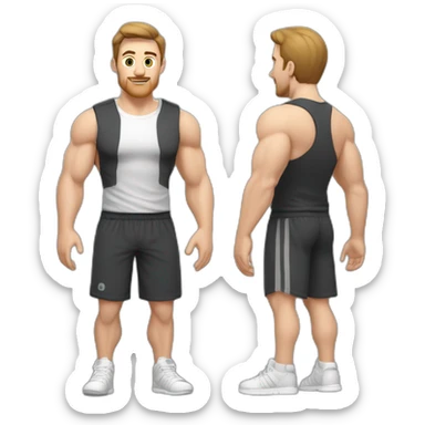 Full height Actively gesturing with hands Pale skinned Fit Man With the biceps and brown hair in dark gray Sleeveless Mike, black oversize sports shorts, watch and white Sneakers sticker