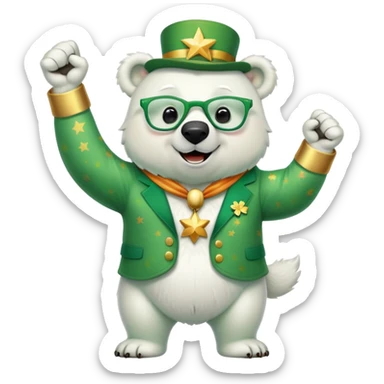 full body friendly anthropomorphised polar bear smiling, wearing large multicolored star-shaped glasses and festive St. Patrick's Day outfit, raising a fist in celebration sticker