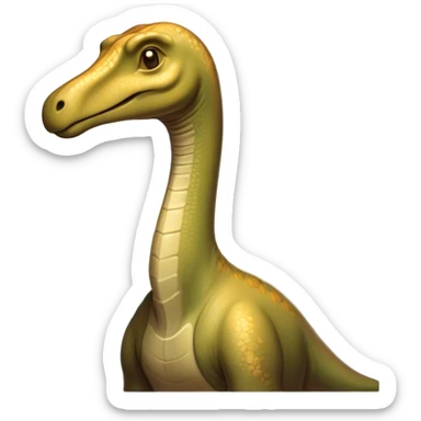 Beautiful and Majestic Brachiosaurus Portrait Emoji, Head and body resting in serene repose with a gentle, confident expression, showcasing its monumental, elongated neck and a small, refined head with tranquil eyes, Simplified yet exquisitely endearing features, highly detailed, glowing with a soft, drowsy golden light, high shine, relaxed and utterly majestic, stylized with an air of timeless prehistoric splendor, soft glowing outline, capturing the essence of a beautiful and majestic Brachiosaurus that feels destined to become the next viral icon of awe-inspiring ancient beauty! sticker
