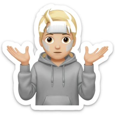 Emoji of a kid with blonde hair and a grey hoodie holds a six in his left hand and a seven in his right sticker