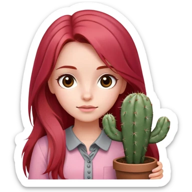 crie uma garota de cabelo longo ruivo, blusa rosa, olhos castanhos, segurando um cato cinza sticker