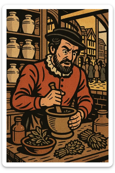 A man working in an apothecary selling a wide range of herbs and medications from the 1600s in a busy town shop from the tudor era sticker