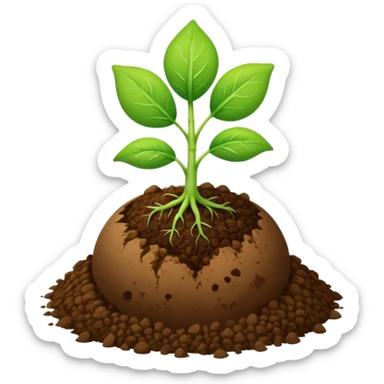 small green sprout with only two leaves, growing from a round brown soil ball sticker
